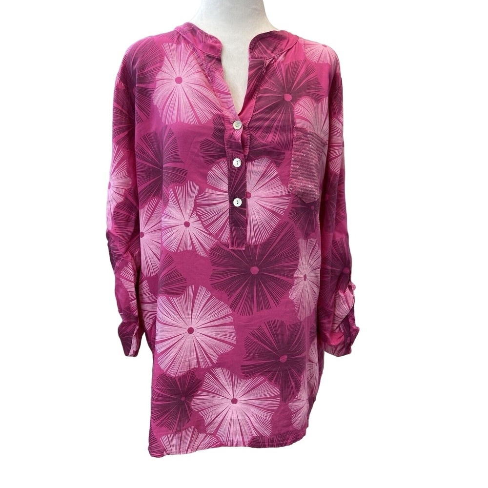 Femme Fatale Blouse Womens XL Pink Floral Henley Roll Tab Sequin Tunic Top Italy
